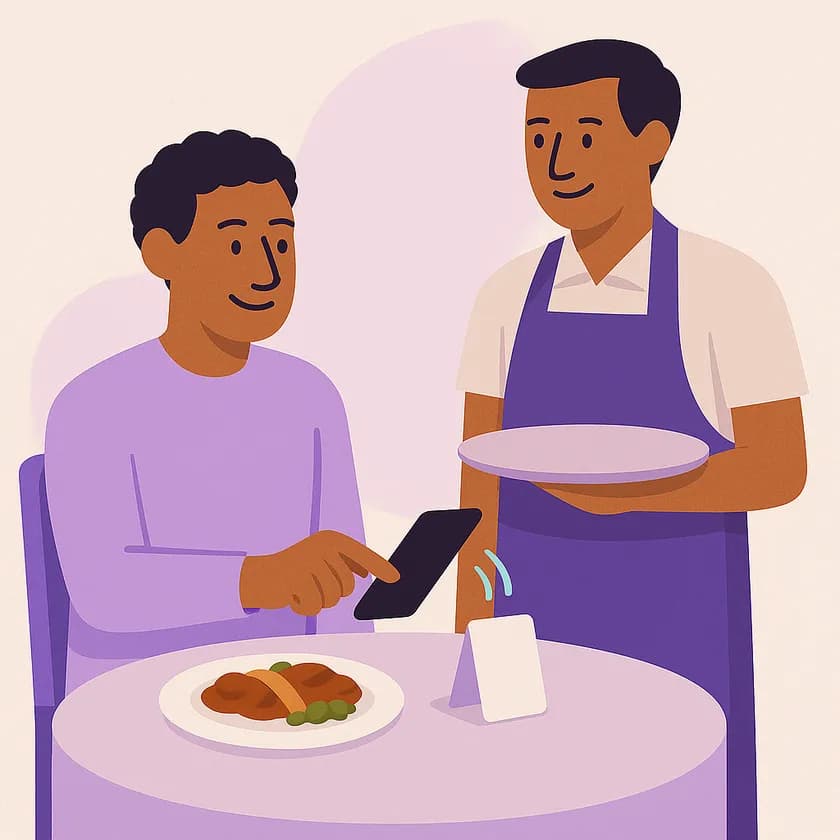 A diner tapping his phone on a card at the table