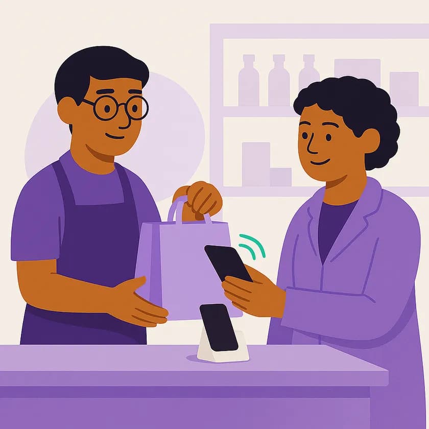 A shopper tapping her phone on a card at the counter