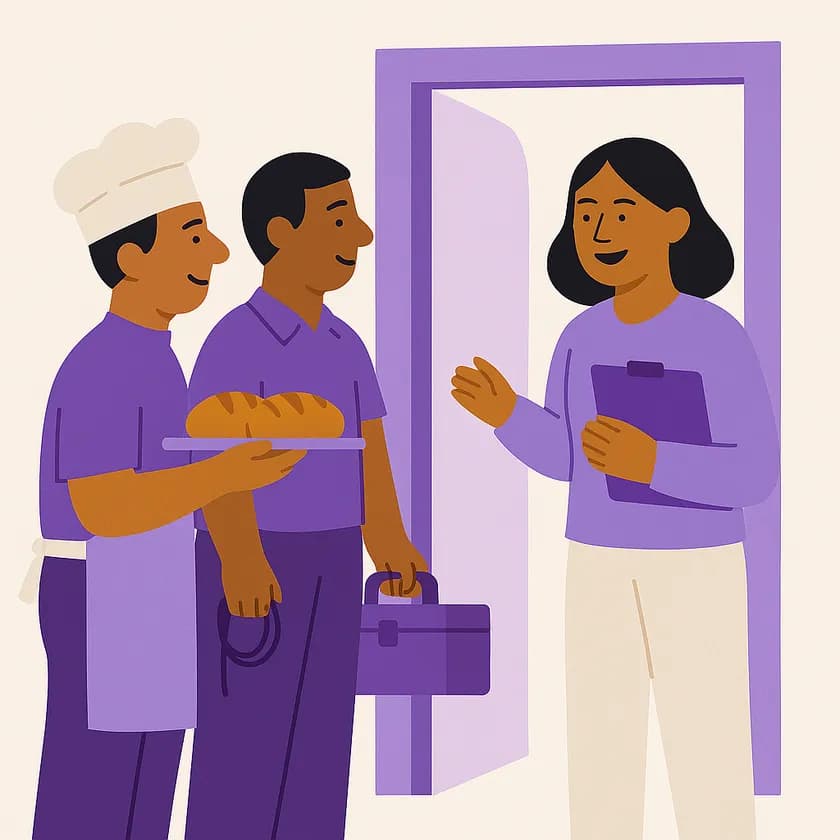 Business owners queuing at a door, the first being welcomed in